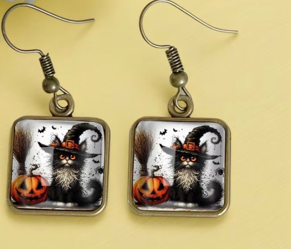 Halloween Earrings Black Cat Witch Hat Dangle Earrings NEW